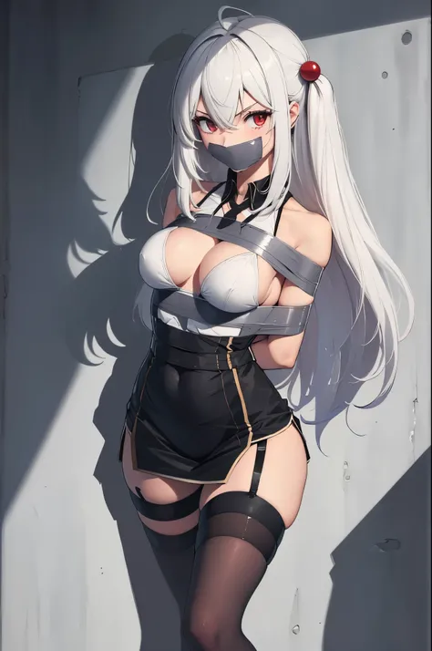 white hair,red eyes,(absurdres, 8k, 4k, masterpiece, hyper extreme detailed:1.2), solo, 1girl, front view, perfect face, 1girl, looking at viewer, solo, Female, toned body, mature female, large breasts, pale, , long hair, swept bangs, athletic body,perfect...