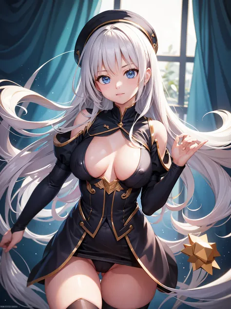 (1 girl),(high quality), (High resolution), (extremely detailed), (8K),(lower body shot),(3CG),(A high school girl wearing a magician&#39;s uniform),(wearing black knee-high stockings)not wearing shoes,perfect writing,(Beautifully erect nipple shape),High ...