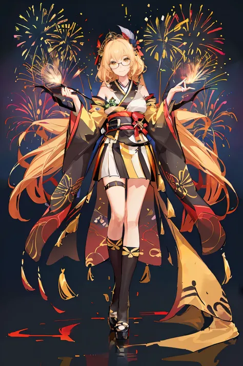 "anime girl, 1 person, bright blonde hair, yellow eyes, glasses, crown on head, female kimono, yellow kimono with black trim with intricate patterns, big breasts, long stockings, standing cross-legged, angle  view from different directions, solo,  smiled g...