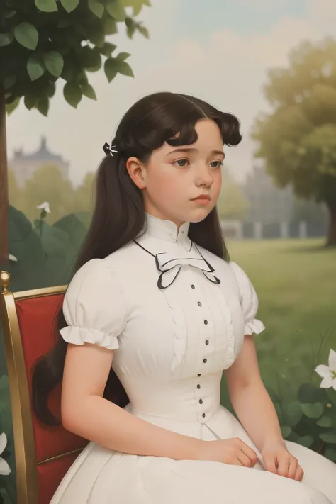 London, 1895. A ((((15-year-old)) Pippa)), in the gardens of a boarding school for ladies. ((((white  from the 19th century)))), ((black ringlets hairstyle from the 19th century))