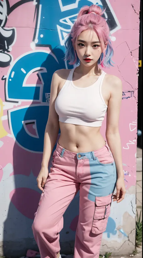 best quality, Clarity, 4k, 8k, detail, actual, Beautiful Girl, Korean makeup, Red lips, pink and blue hair, Perfect body, thigh, stand, pose standing, medium chest, inner top, Pink and Blue Cargo Box Pants, Solid graffiti wall background, Graffiti art,