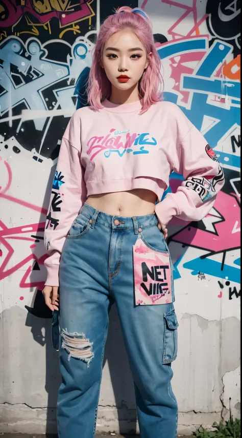 best quality, Clarity, 4k, 8k, detail, actual, Beautiful Girl, Korean makeup, Red lips, pink and blue hair, Perfect body, thigh, stand, pose standing, medium chest, inner top, Pink and Blue Cargo Box Pants, Solid graffiti wall background, Graffiti art,