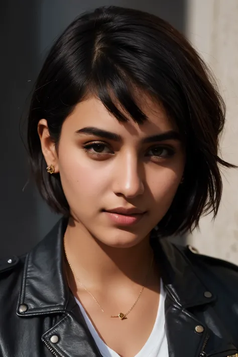 instagram photo, 21yo french woman, short hair, black hair, closeup portrait, wear jacket, pale, hard shadows , realistic best , full indian look . make realistic black jacket . make full more indian look and realistic 