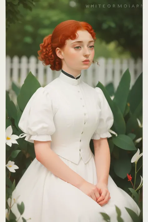 London, 1895. A ((((15-year-old)) Sophie Turner)), in the gardens of a boarding school for ladies. ((((white  from the 19th century)))), ((curly red hairstyle from the 19th century))