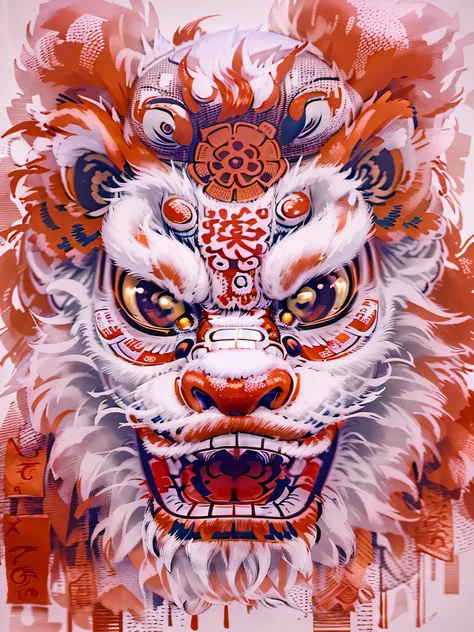 chinese lion dance painting and chinese symbols, expressive facial feature style, white and red, 32k ultra hd, balinese art, act...