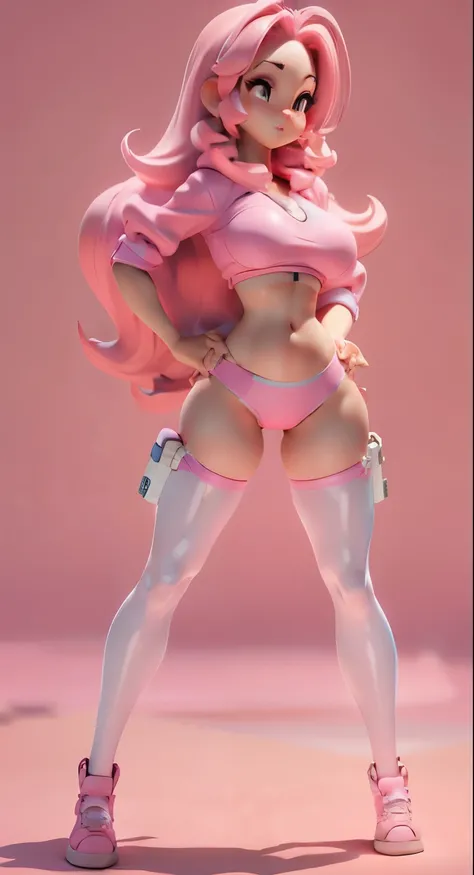 cute，pink hair，pink bikini，front，Squat down，small toy between legs，camel toe，hot expression，transparent clothes，Hands on the ground behind your back，headspace，Put one hand on your belly，Extremely huge breasts