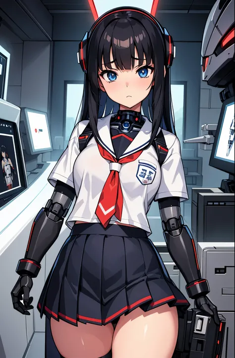 masutepiece, Best Quality, Extremely detailed,  (8K, 4K, Best Quality, hight resolution, 超A high resolution:1.1),  1girl in, Japaese Cyborg highschool Girl,Plump ,Navy Pleated Mini Skirt,Black tights,control panels,android,Droid,Mechanical Hand, ,Robot arm...