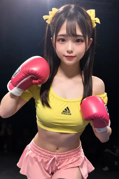 {{1 girl}}, {{highest quality}}, 13 years old、Cute girl in high school, girl wearing pink and yellow shirt, girl with pink boxing gloves, shorts, off shoulder girl、cute、plump thighs、big breasts、Stand in the boxing ring、Dark background、girl illuminated by l...