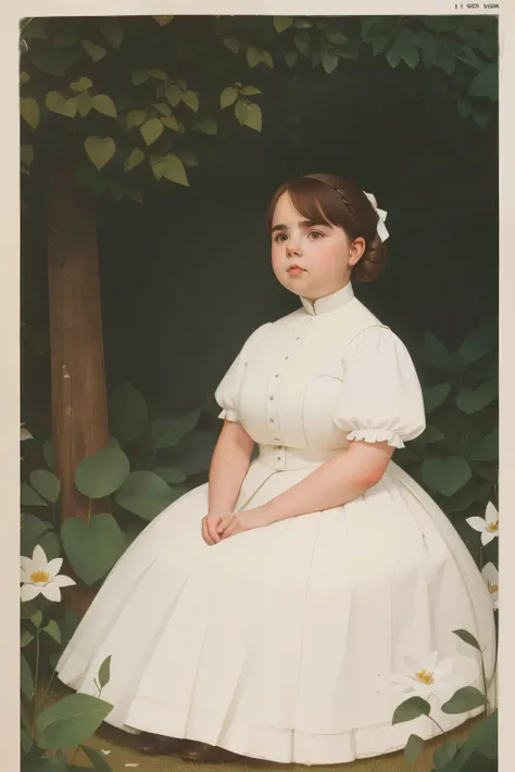 London, 1895. A ((((15-year-old)) Bailee Madison)), in the gardens of a boarding school for ladies, ((overweight)). ((((white  from the 19th century)))), ((brown hairstyle from the 19th century))