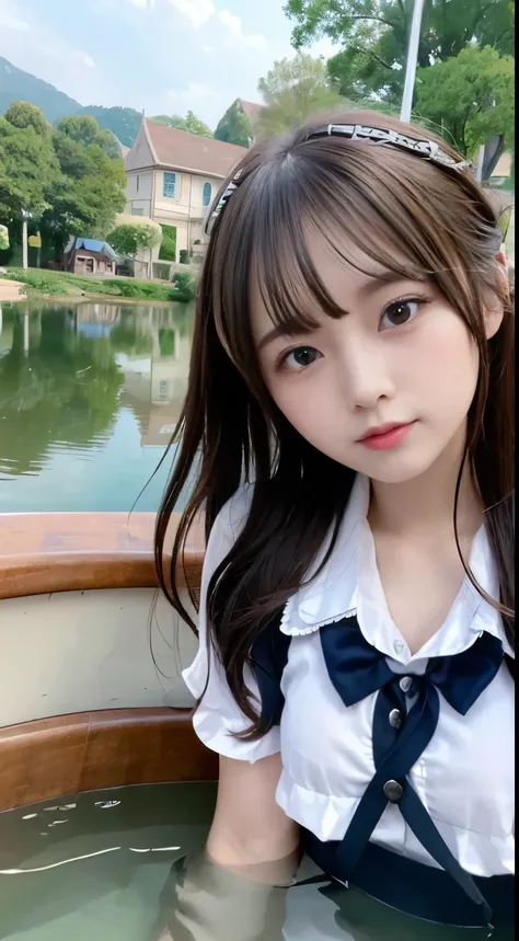 (best quality, masterpiece, ultra-detailed),(8K wallpaper),(beautiful detailed eyes), beautiful, amazing, Schoolgirl in  on a boat in a pond,  dynamic angle, landscape:1.4,  