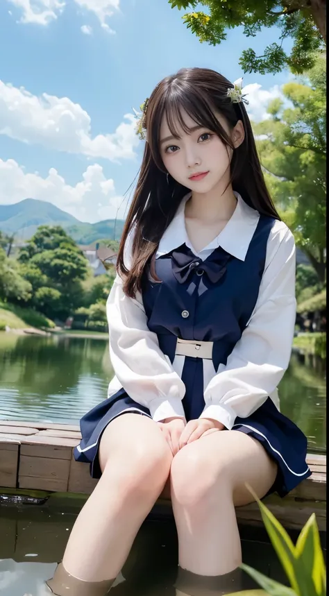 (best quality, masterpiece, ultra-detailed),(8K wallpaper),(beautiful detailed eyes), beautiful, amazing, Schoolgirl in  on a boat in a pond,  dynamic angle, landscape:1.4,  