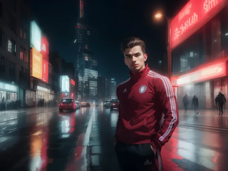 (best quality,4k,8k,highres,masterpiece:1.2),ultra-detailed,(realistic,photorealistic,photo-realistic:1.37),man in red tracksuit,city skyline at night,impressive background lights,metro buses passing by,glowing neon signs,reflection on wet pavement,shadows...