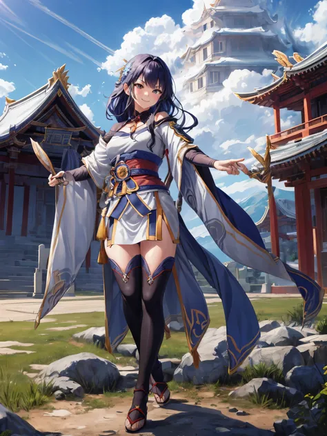 Thunder General, full body portrait, sexy，Smile, blush, outdoor, yes, simple background, blue sky, long hair, Heaven, temple, looking at the audience, footsteps, Mountain, grumpy lighting, for the audience,