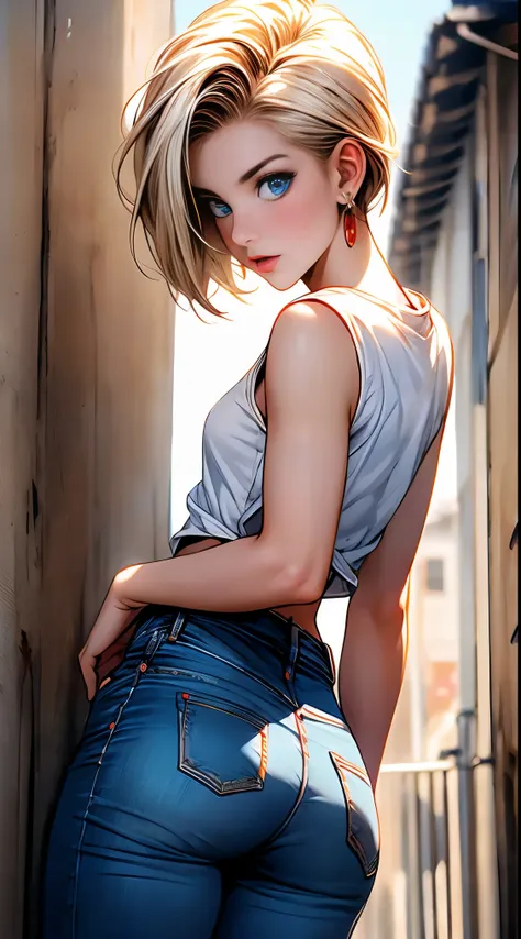 highest quality, high resolution, artificial man no. 18, 1 girl, android 18, alone, blonde hair, blue eyes, short hair, laughter...