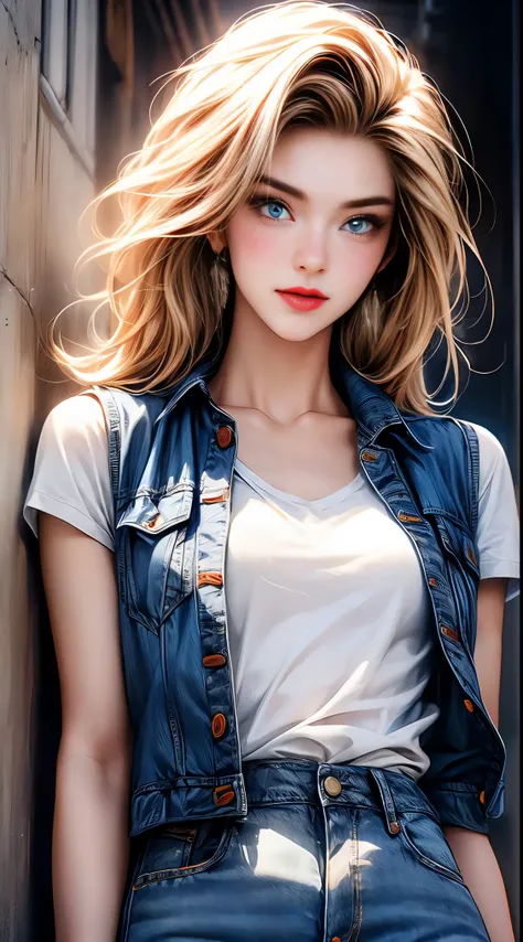 highest quality, High resolution, Artificial Man No. 18, 1 girl, android 18, alone, blonde hair, blue eyes, The hairstyle is one-length, laughter，earrings, jewelry, denim dress, open vest, white t-shirt，distressed jeans，small breasts, sexy pose，street, (ex...