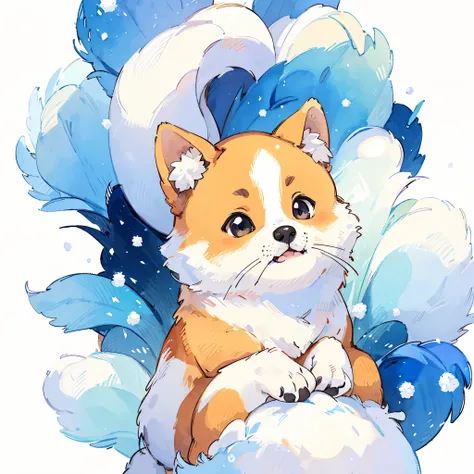 Shiba dog:1.5、cute little、big eye、snow-white fur、fluffly、simple background、white backgrounid、watercolor paiting