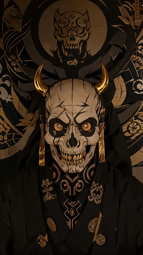 ukiyo-e style, matte black skull, no lower jaw, gold patterns on the skull, very short demon horns, empty black eye sockets, the...