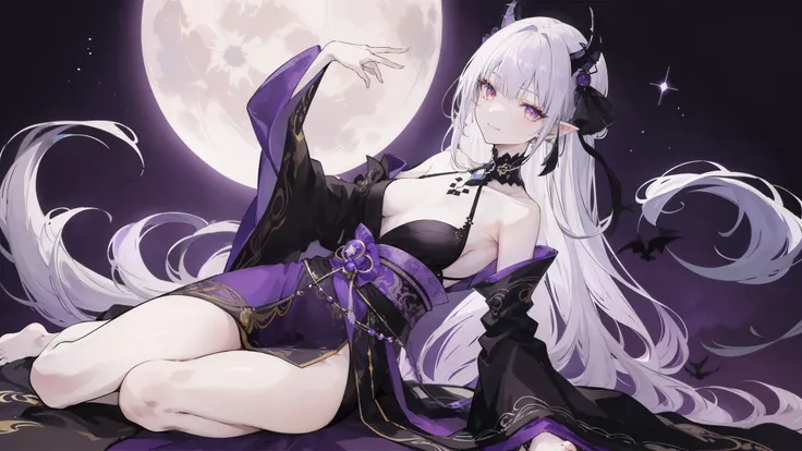 full moon motif、Crow motif、image color purple、had orange eyes、Black costume、long silver hair、golden embroidery、horny girl,go barefoot,fantasy-inspired,Japanese style gothic dress,long skirt、Sorcerers robe,Off-shoulder,solo,small breasts,Abundant waist circ...