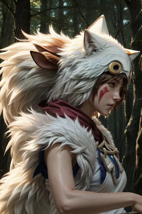 official art, unity 8k wallpaper, Super detailed, beautiful, beautiful, masterpiece, highest quality, Painting of a woman riding a white wolf in the forest, studio ghibly style mononoke, riding a giant silver wolf, artwork in the style of Gweiz, princess m...