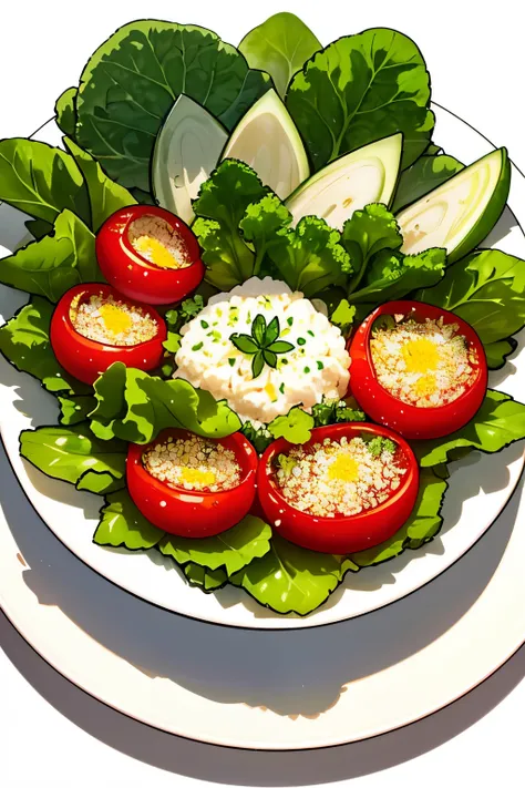 In the tranquil stillness of a pristine white background, a 3D illustration of a salad comes to life. The vibrant arrangement of vegetables, each one meticulously crafted, sits atop a pristine white plate, their natural colors popping against the pure star...