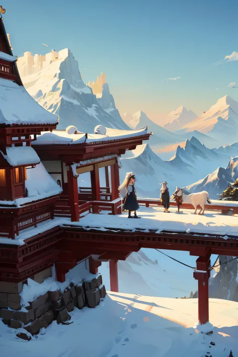 Conceptual scenes unfold on a Sky Island, where snow-capped mountains touch the dreamlike magical sky. Indian Himalayan style buildings dot the landscape, their vibrant colors and ornate architecture contrasting against the pristine white snow. Children an...