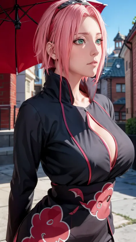 （（（short hair，pink hair，akatsuki outfit，xiao clothing, ninja, black cloak, black coat, boss, （（（danya，sakura,green eyes,bangs,fo...