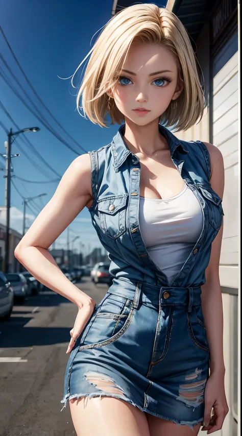 highest quality, high resolution, artificial man no. 18, 1 girl, android 18, alone, blonde hair, blue eyes, the hairstyle is one...