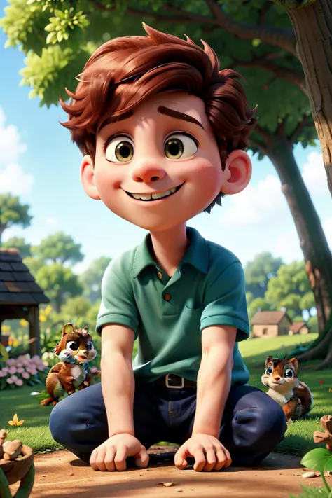 Tommy, a boy with a cherubic face and mischievous grin, sits comfortably under the sprawling branches of an ancient oak tree. His hair, auburn and tousled, frames his round, expressive eyes. beside him, Nutty, a squirrel with bushy tail and twinkling eyes,...