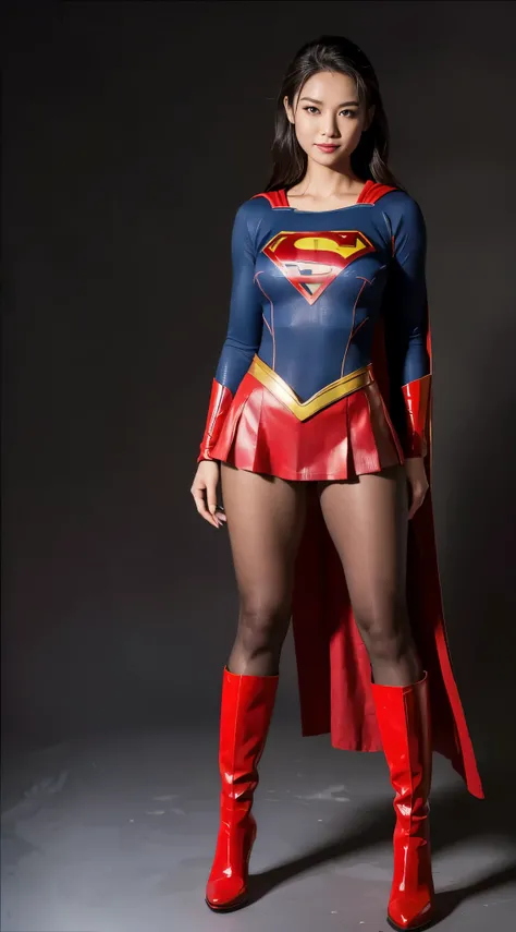 no background、short hair、supergirl costume、Snug costume、(((stretch your legs、tall、Legally express the beauty of your smile)))、((((Get the most out of your original images)))、(((supergirl costume、torn、Tattered、being destroyed)))、(((beautiful hair)))、(((I...