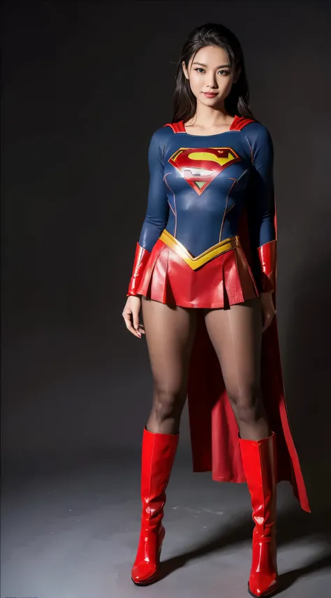 no background、short hair、supergirl costume、Snug costume、(((stretch your legs、tall、Legally express the beauty of your smile)))、((((Get the most out of your original images)))、(((supergirl costume、torn、Tattered、being destroyed)))、(((beautiful hair)))、(((I...