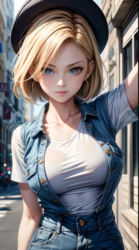 highest quality, high resolution, artificial man no. 18, 1 girl, android 18, alone, blonde hair, blue eyes, the hairstyle is one...