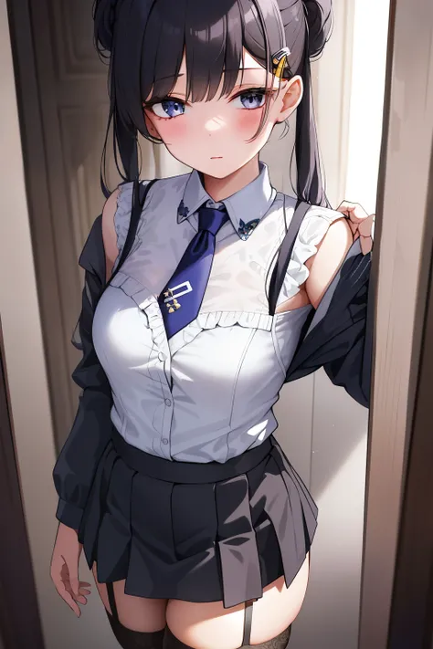 1girl,  hairclip, necktie,collared shirt, white shirt,garter straps , colorful theme, (best quality, high quality, high resolution), realistic, ultra-detailed, highly detailed face features, absurdres,realistic lighting and reflections, highly detailed fac...