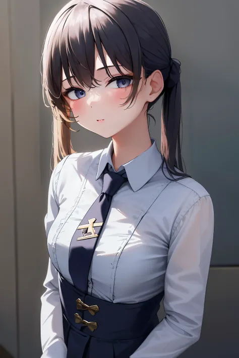 1girl,  hairclip, necktie,collared shirt, white shirt,garter straps , colorful theme, (best quality, high quality, high resolution), realistic, ultra-detailed, highly detailed face features, absurdres,realistic lighting and reflections, highly detailed fac...