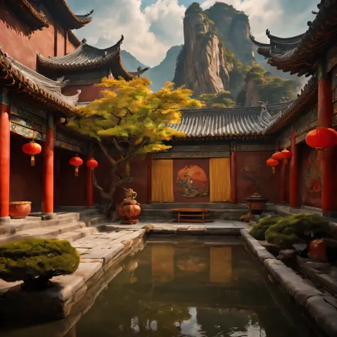 （best picture quality，4K，8K，high resolution，masterpiece：1.2），Ultra-detailed，（lifelike，lifelike，lifelike：1.37），Chinese courtyard scene，Journey to the West theme，close to the camera，Screen-centric，Fusion of warm and cold colors，