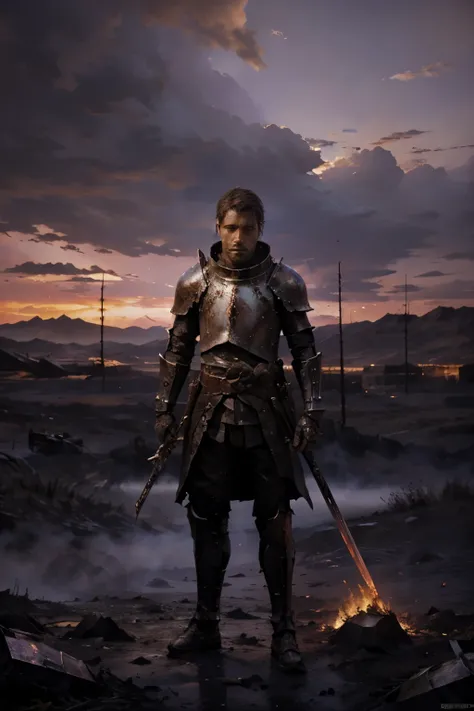 a knight in his early 20s, broken armor, sword broken, standing on enemy soldiers, desolate battle field, purple sky, dragon fire in background blood and gore, gritty, purple skies, realistic, masterpiece, realistic