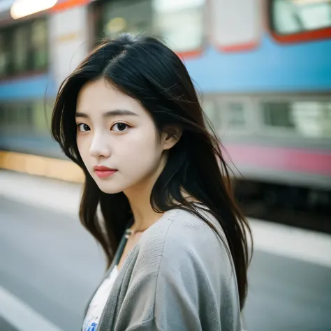 Beautiful Korean fashion model bokeh train movie photo