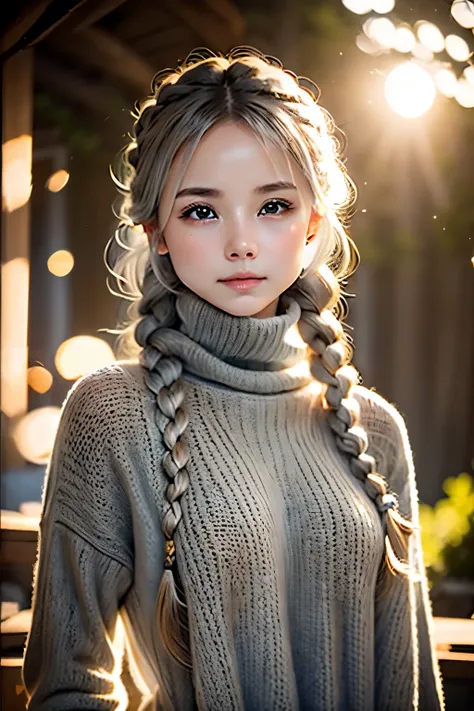 one woman、１4 talents、cozy turtleneck sweater、Upper body angle、Very cute、Perfect good looks、Braid、ash gray hair、glare of the sun、Depth of object being written、blurred background、particles of light、Strange wind、Highest image quality、highest quality、ultra hig...