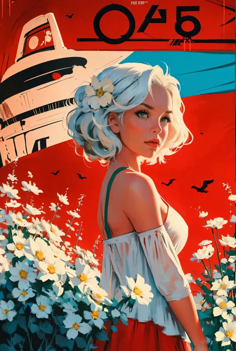 old retro poster, USSR, Soviet Union, Neon, photo shoot, girl with a face similar to Daenerys, with short white wavy hair, expressive breasts, in a white sundress with a pattern of flowers on fabric, fashionista, 80s, hd