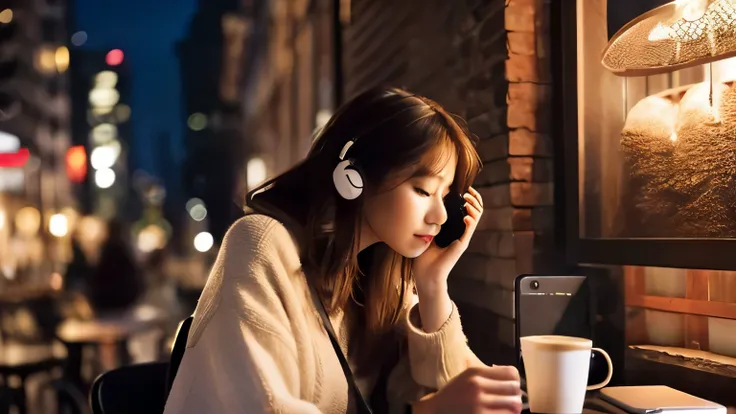 coffee,ear phone,Facing over there,night,woman,music