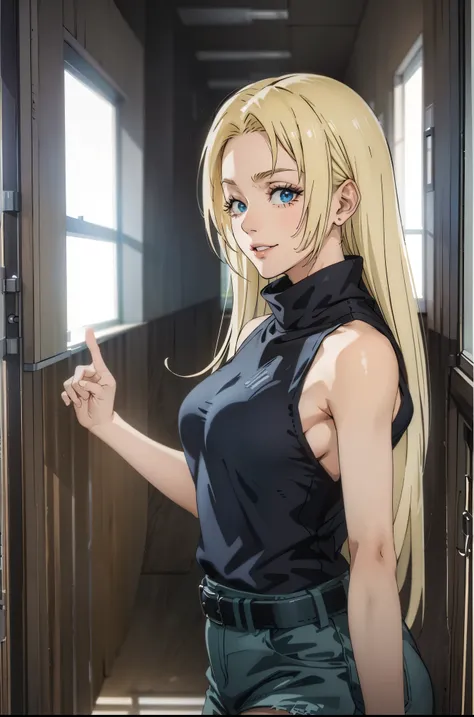 (masterpiece, best quality:1.2), Jujutsu kaisen style, YukiTsukumo, (1girl, solo), 30years old, upper body, (blonde long hair, forehead, hair intakes), (brown eyes, looking at viewer), (black shirt, sleeveless turtleneck, bare shoulder), (happy smile, one ...