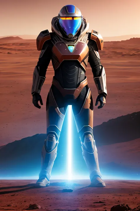 A hyper-realistic image of Elon Musk in futuristic armor, standing courageously on the red sands of Mars, confronting menacing alien invaders. Musk, with piercing blue eyes and determined expression, brandishes a high-tech weapon. The aliens, with strange,...