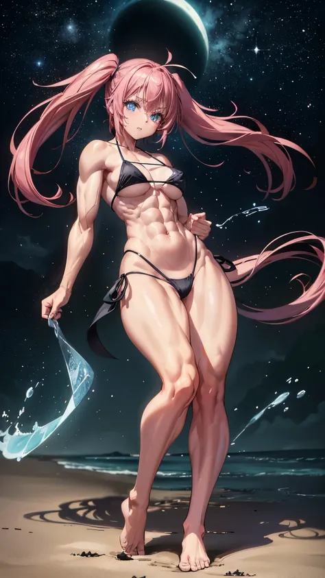 1 girl, (medium breasts))), (((wearing a short bikini))), (long pink hair), (((blue eyes))), Thin arms, (on the beach at night with a starry sky and a full blood moon), (slim waist), (((muscular legs))), muscular belly, barefoot, (((showing her big ass to ...