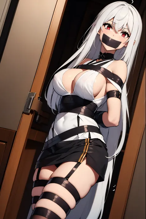 white hair,red eyes,(absurdres, 8k, 4k, masterpiece, hyper extreme detailed:1.2), solo, 1girl, front view, perfect face, 1girl, looking at viewer, solo, Female, toned body, mature female, large breasts, pale, , long hair, swept bangs, athletic body,perfect...