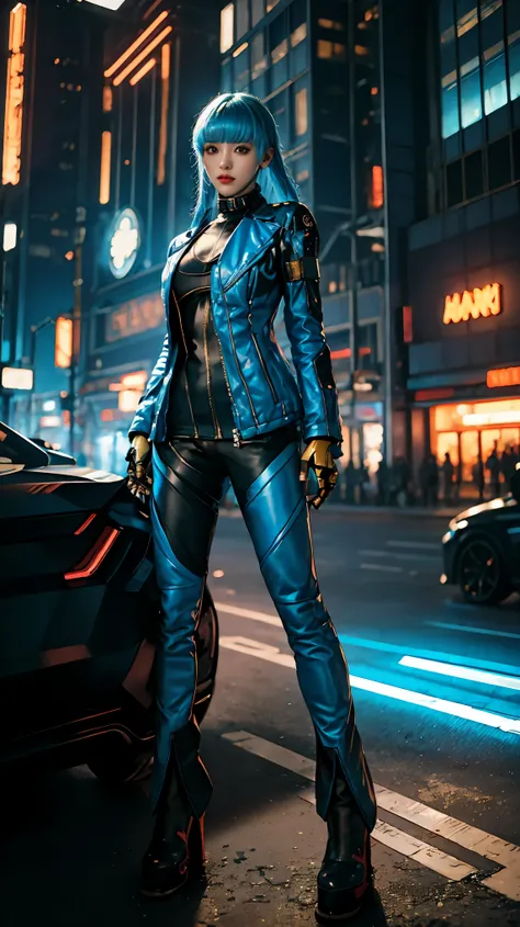 (Full body dynamic picture),(brightly lit,ultra-detailed,cyberpunk-style exquisite young woman,high-angle shot) in 8K high-resolution and with an incredibly detailed and intricate cyberpunk art style. The woman has (realistic, detailed, smooth-textured ski...