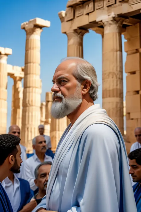 In the heart of ancient Athens, under the clear blue sky, Socrates, with his distinguished, aging features, engages a group of intently listening men at the bustling Agora. Their intrigued expressions reflect their deep engagement in his philosophical disc...