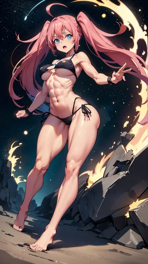 1 girl, (medium breasts))), (((wearing a short bikini))), (long pink hair), (((blue eyes))), Thin arms, (on the beach at night with a starry sky and a full blood moon), (slim waist), (((muscular legs))), muscular belly, barefoot, (((showing her big ass to ...