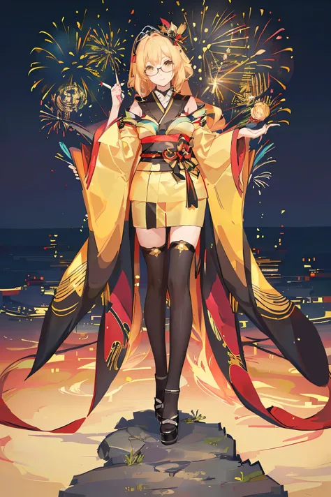 "anime girl, 1 person, bright blonde hair, yellow eyes, glasses, crown on head, female kimono, yellow kimono with black trim with intricate patterns, big breasts, long stockings, standing cross-legged, angle  view from different directions, solo,  smiled g...