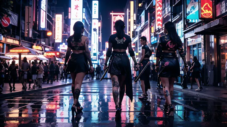 4k futurisitc samurai women with large katana walking away in a bright neon futuristic city, wearing heels and skirt, with alot of tattoos, highly detailed faces