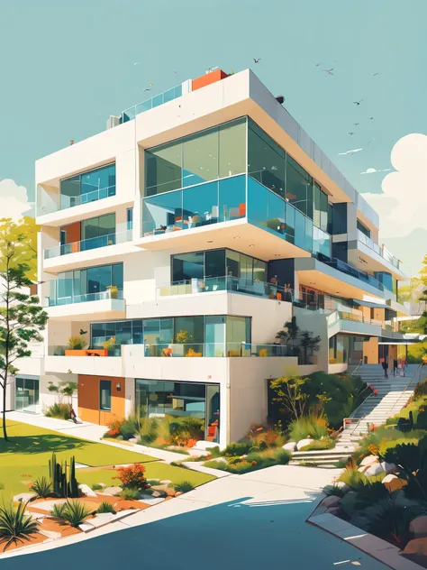 illustration of a  modern style architecture, luxury, exquisite details, steps, Mint Green, Peach, Ivory 