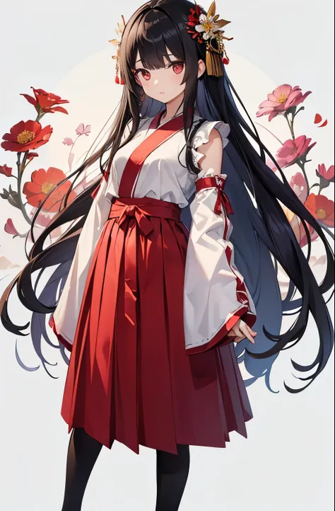 ((highest quality、８K、High resolution、masterpiece、Super detailed))、one android、girl、Full body photo of the front、((standing))、looking at the camera、black hair、Transparent as glass、long straight hair、bangs bangs、Flower kanzashi、Expressionless、（Miko costume）、...